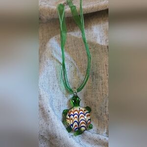 Turtle Pendant Murano? Hand Blown Glass Ribbon Necklace